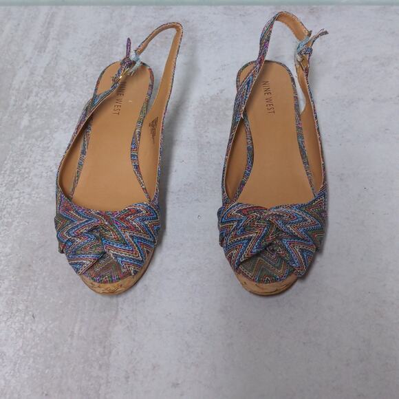 Nine West Abbeol 1 Wedges Multicolor Woven Slingback Knotted Peep Toe - Size 7M - Picture 3 of 16